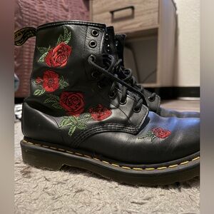 Dr. Martens Black Boots with Red Rose Embroidery